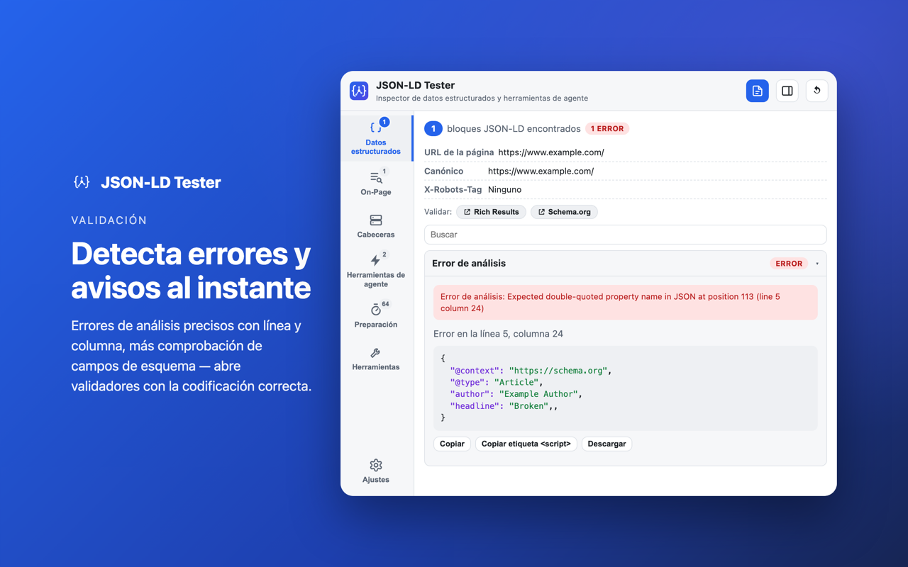 Validación: Detecta errores y avisos al instante