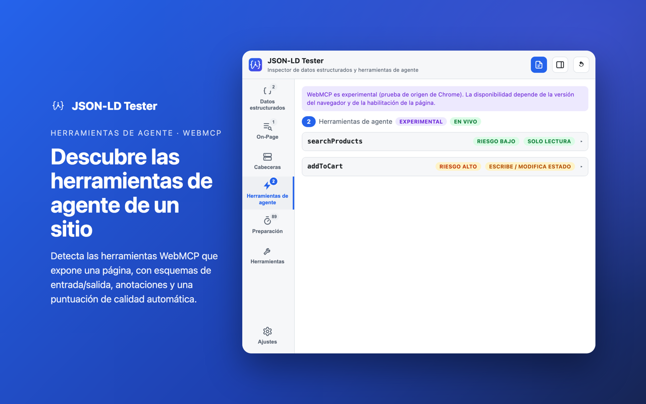 Herramientas de agente · WebMCP: Descubre las herramientas de agente de un sitio