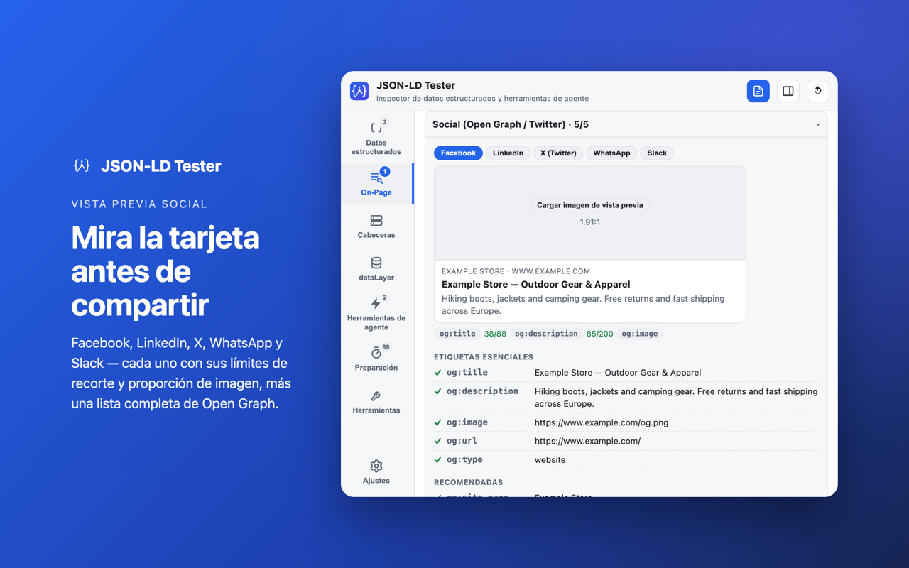 Vista previa social: Mira la tarjeta antes de compartir