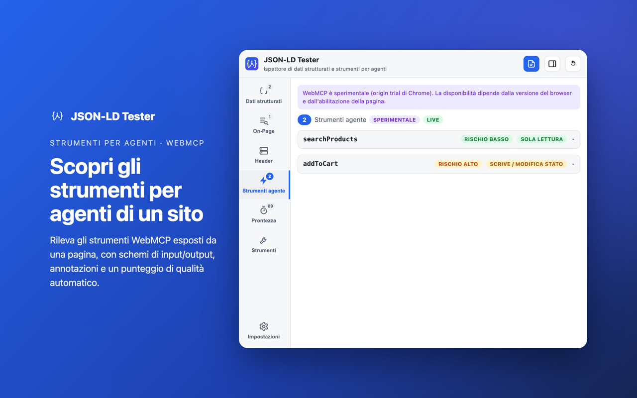 Strumenti per agenti · WebMCP: Scopri gli strumenti per agenti di un sito